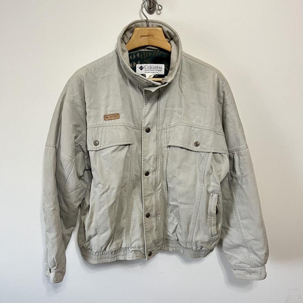Vintage Columbia Jacket Mens XL Gray Canvas Bomber Fleece Lined Aztec 90s